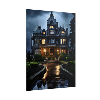 Haunted Victorian Mansion: Spooky Stormy Night Art - Poster