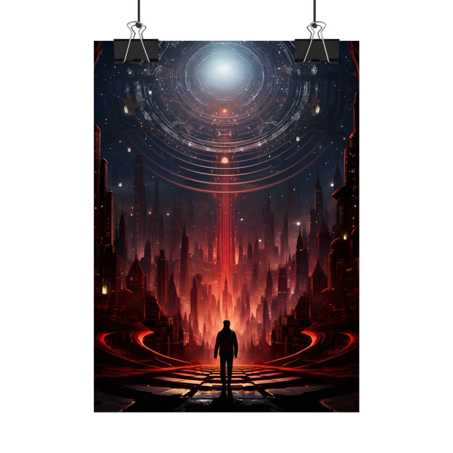 Futuristic Cityscape: Neon Sky Meets Nature's Harmony - Poster