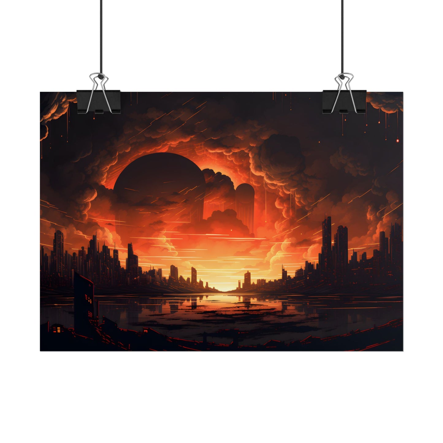 Futuristic Cyberpunk Night: Burning Cityscape Landscape Art - Poster
