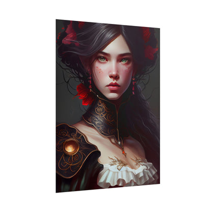 Elegant Black Hair Portrait in White Dress - Poster