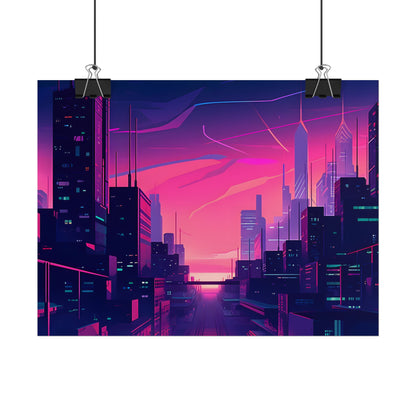 Melancholic Cyberpunk Cityscape: Neon Night Digital Art - Poster