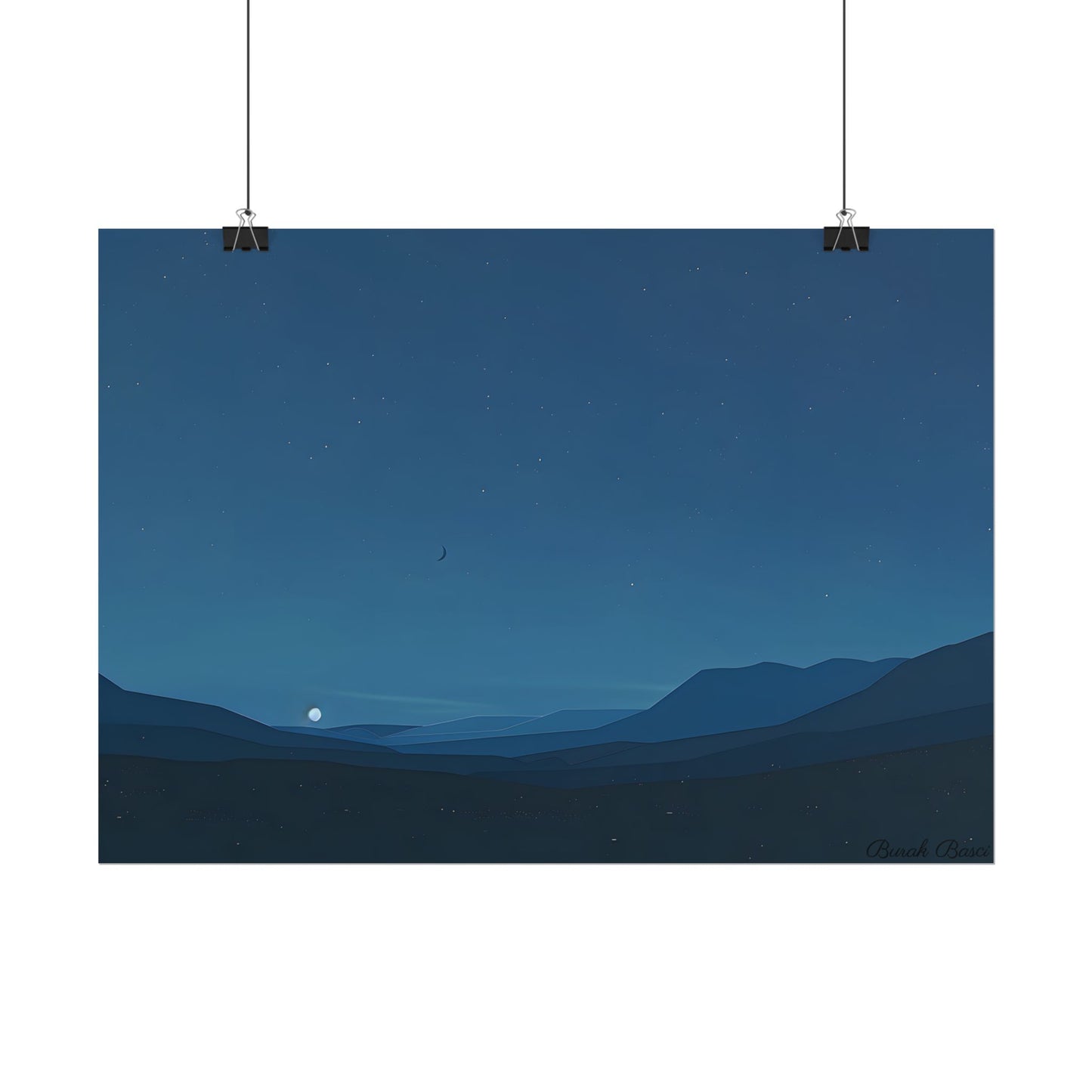 Minimalist Night Sky: Stars and Crescent Moon Art - Poster