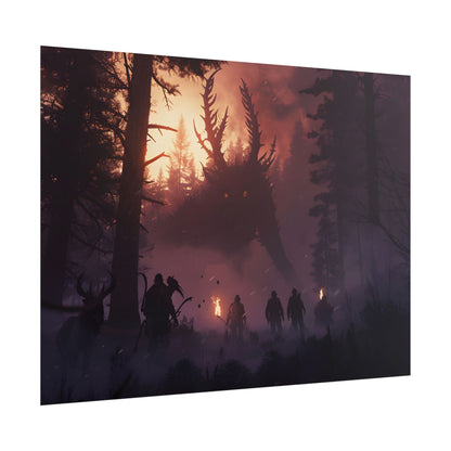 Serene Forest Sunset: Group Walking Through Misty Landscape - Poster