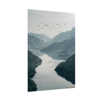 Peaceful Mountain Oasis: Serene Birds Eye View Artwork - Poster