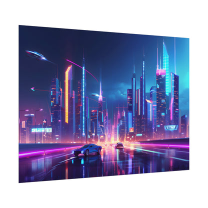 Futuristic City Glow: Neon Lights Digital Art - Poster