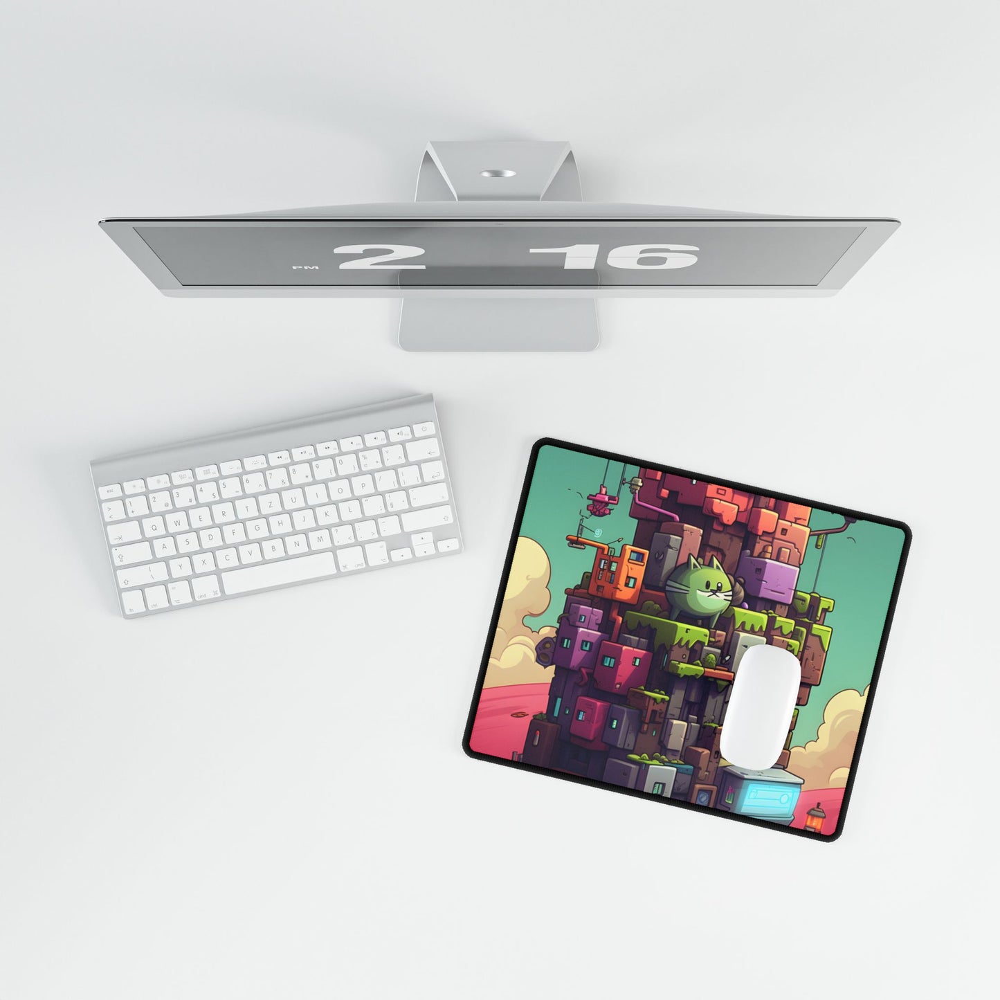Pixel Art World: Colorful Cyber Pet in a Vibrant Scene - Desk Mat