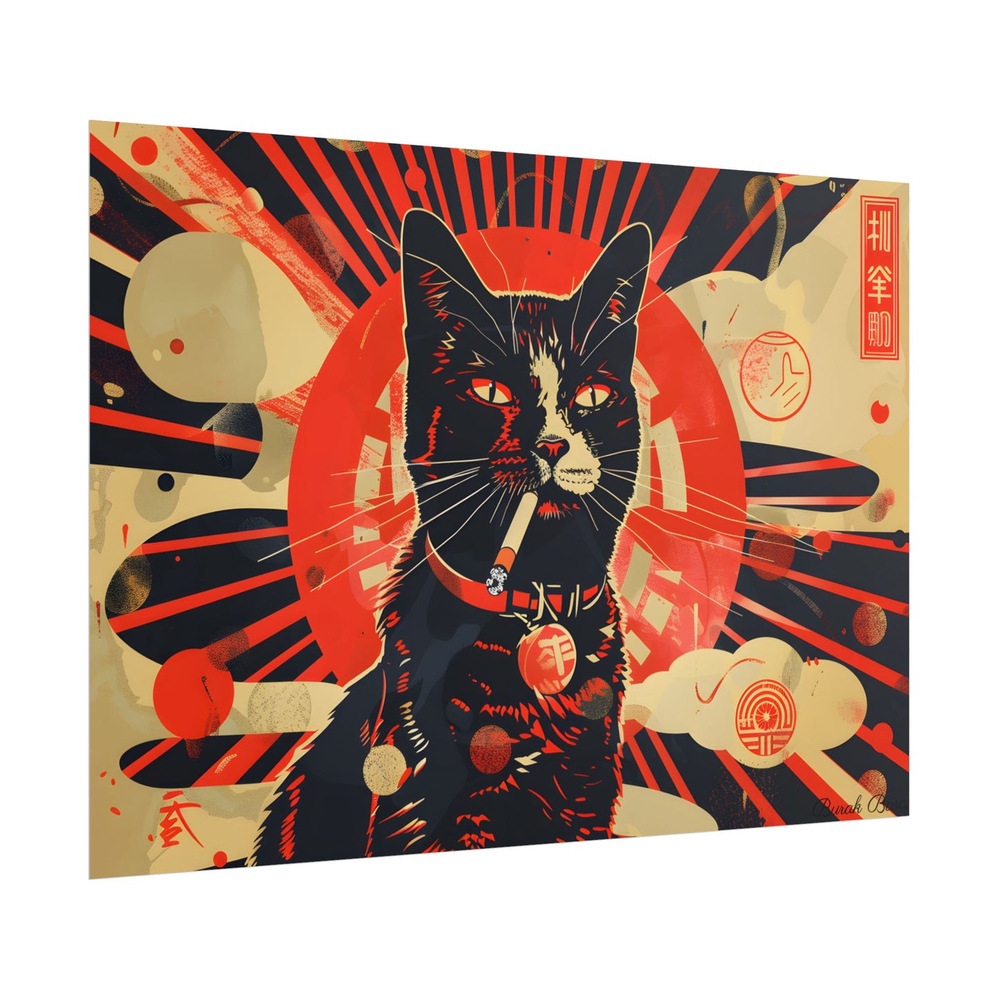 Vintage Whimsy: Cat Smokes Cigarette on Blue Background - Poster