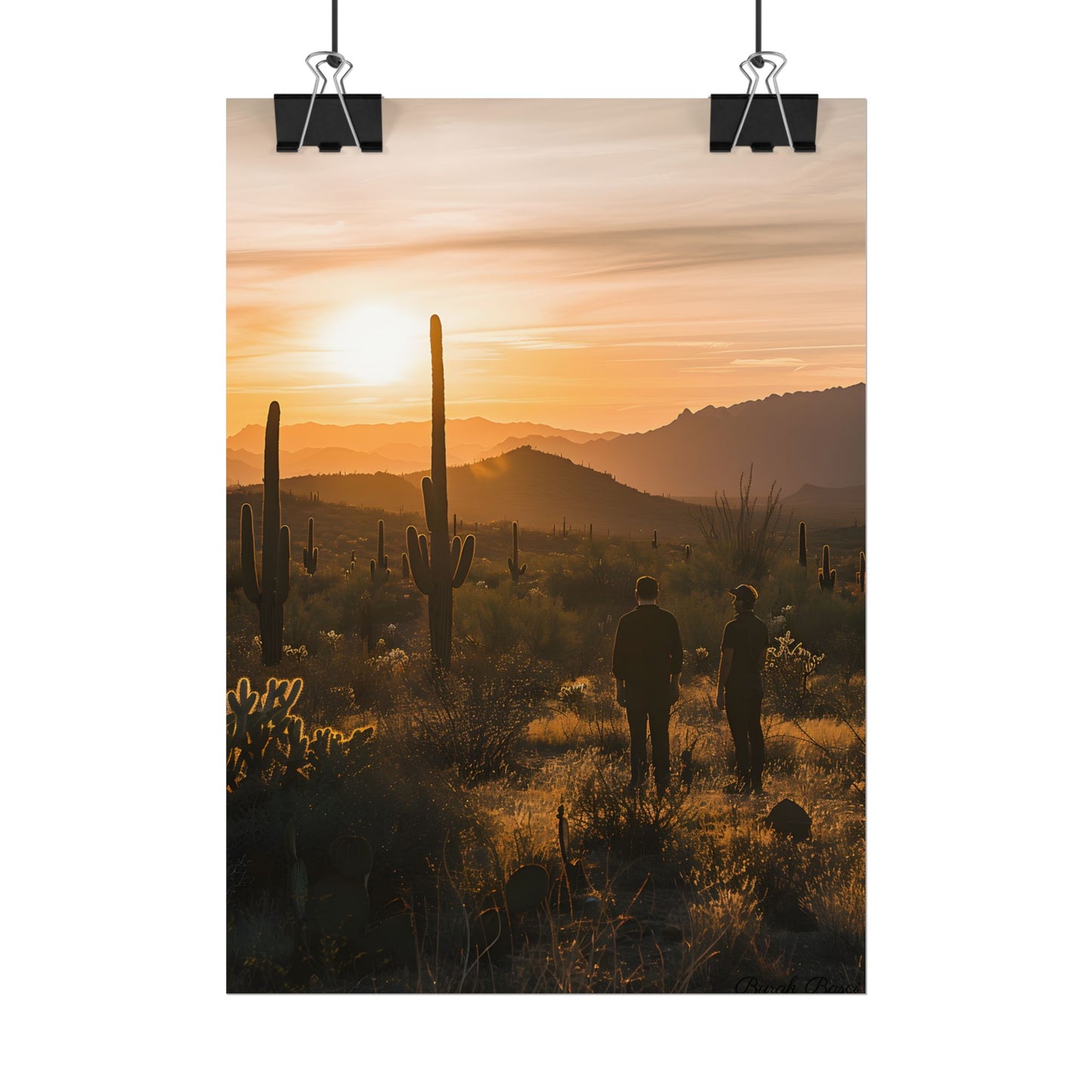 Desert Sunset Serenity: Two Friends Standing Together - Poster
