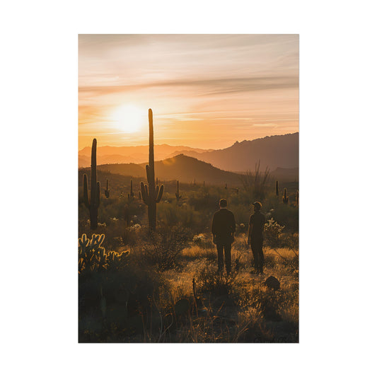 Desert Sunset Serenity: Two Friends Standing Together - Poster