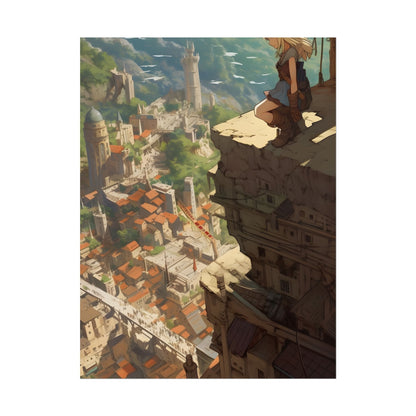 Dramatic Anime Bird's Eye View: Blonde Female in Action with Flying Birds - Poster