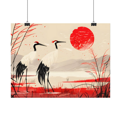 Peaceful Cranes in Serene Nature: Landscape Artwork - Poster