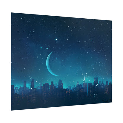 Starry Night Sky: Tranquil Dark Blue Scene with Crescent Moon - Poster