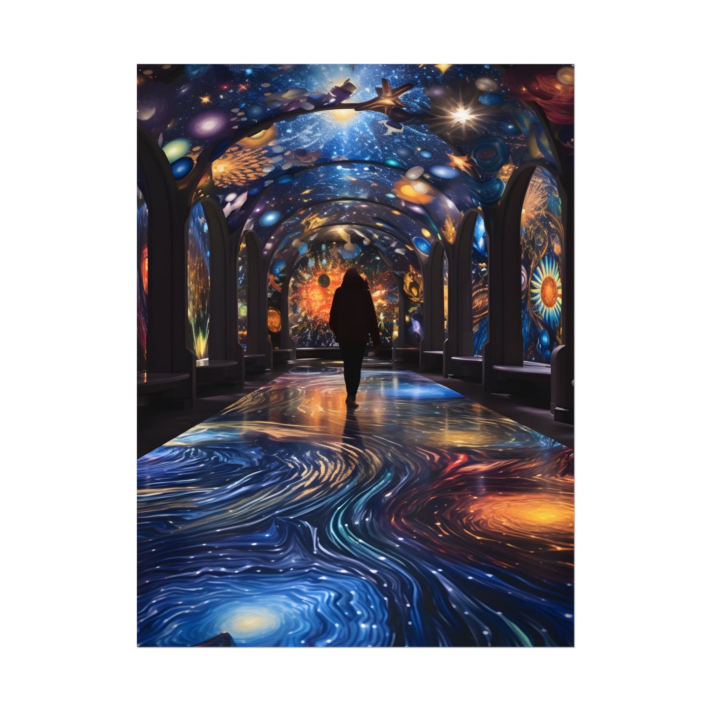 Celestial Art Gallery: Vibrant Space-Themed Artwork in a Colorful Interior - Poster