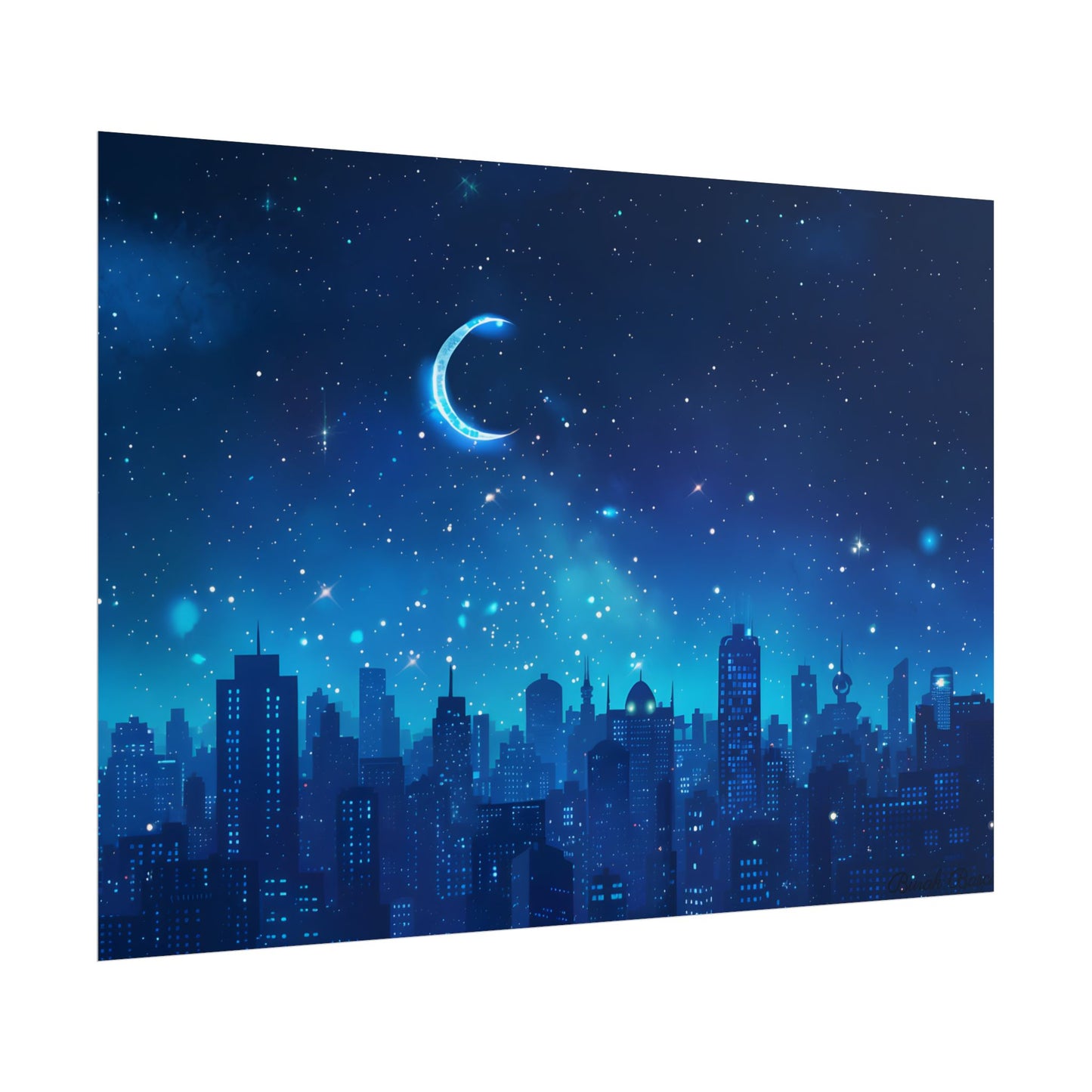Peaceful Night Sky with Crescent Moon: Starry Digital Art - Poster
