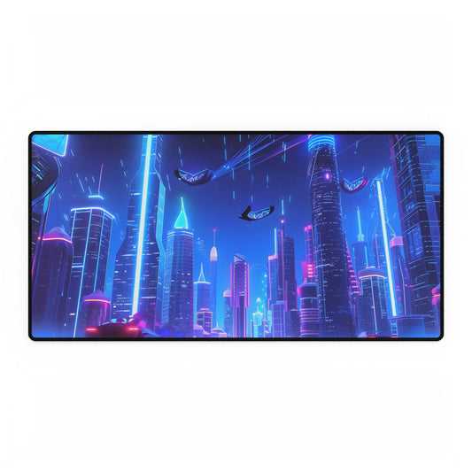Vibrant Futuristic Cityscape: Neon Lights at Night Digital Artwork - Desk Mat