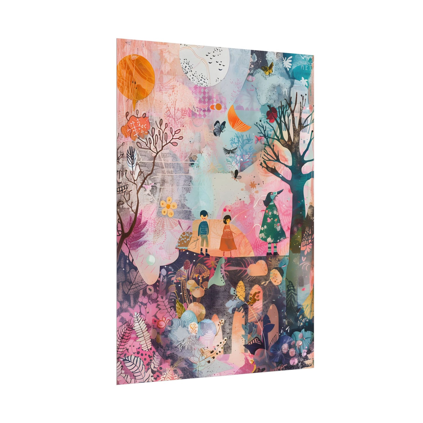 Colorful Whimsy: Blue Fish, Yellow Bird, Pink Cat Art Collage - Poster