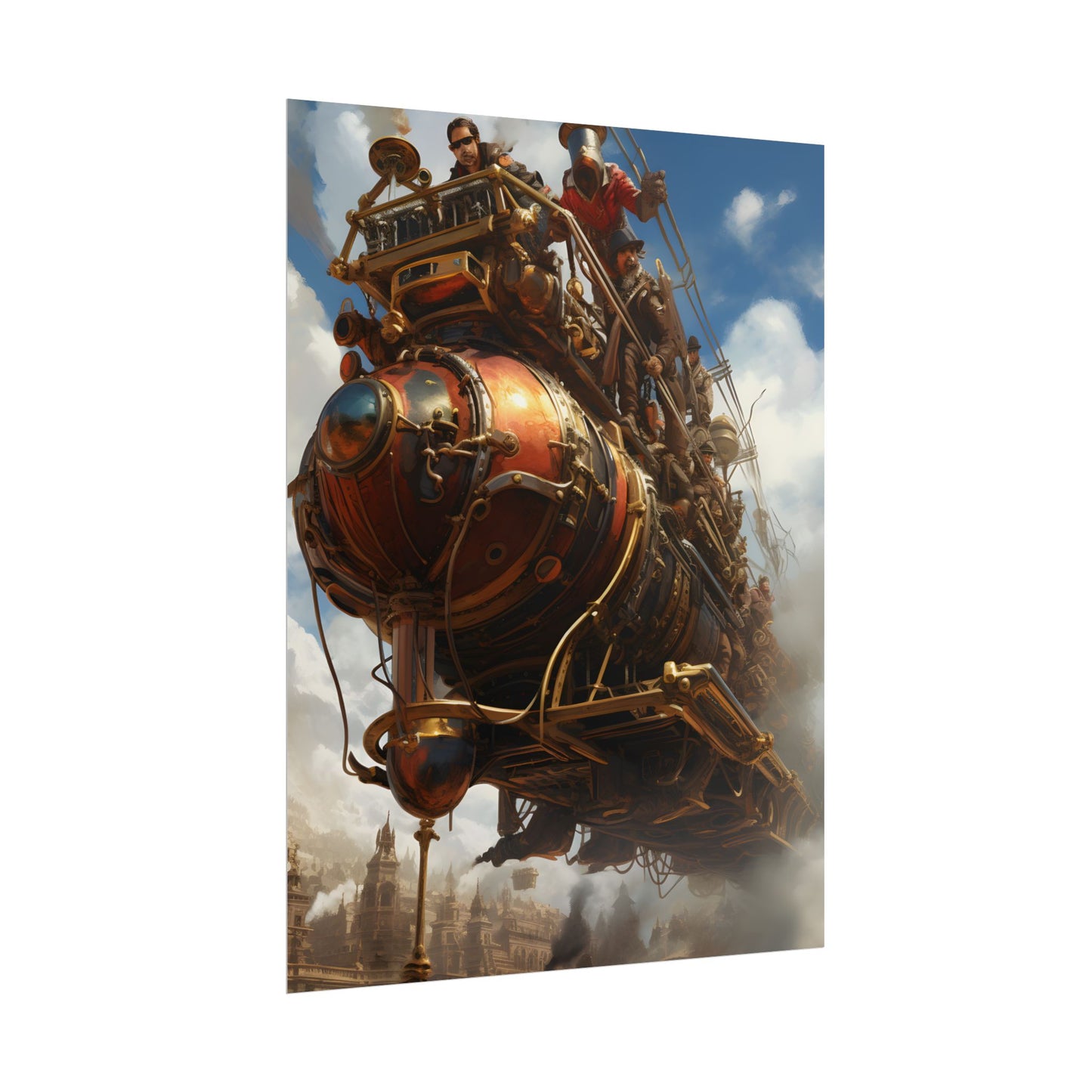 Thrilling Steampunk Sky-Liner: Racing Steam Locomotive on Colum - Poster
