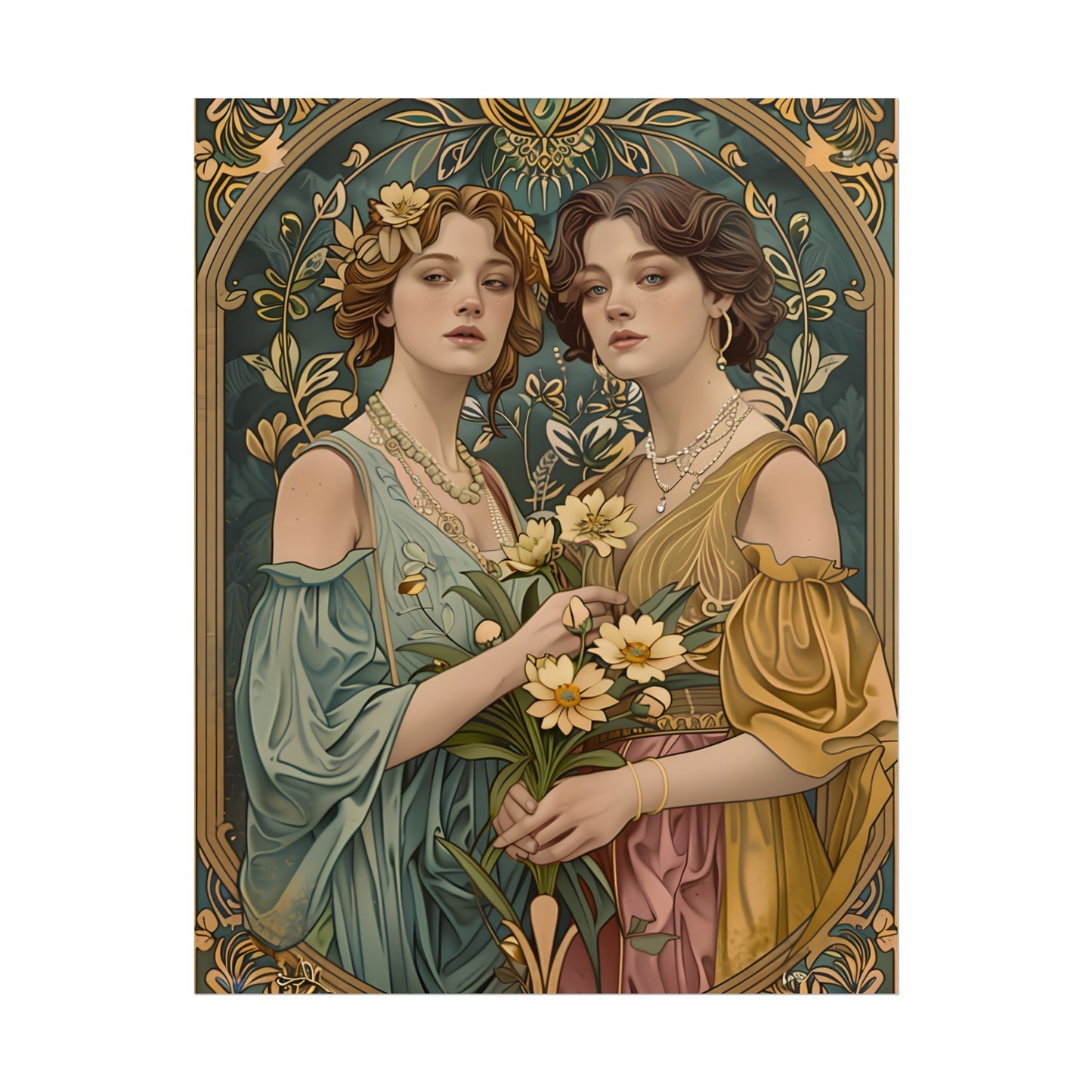 Two Women in Ornate Attire Holding Primr: Traditional Turkish Artwork - Poster