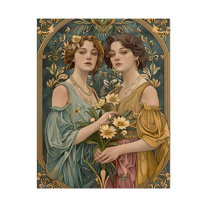 Two Women in Ornate Attire Holding Primr: Traditional Turkish Artwork - Poster