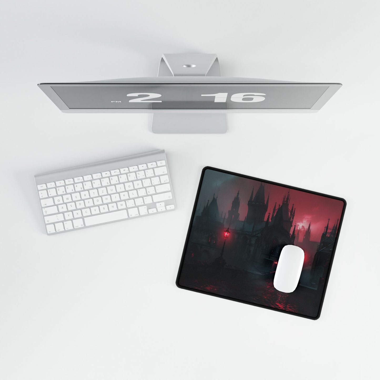 Dark Gothic Cityscape: Misty Twilight Artwork - Desk Mat