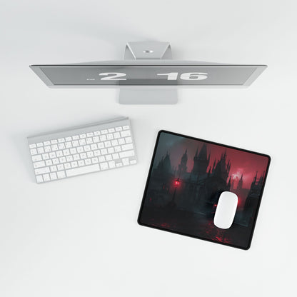 Dark Gothic Cityscape: Misty Twilight Artwork - Desk Mat