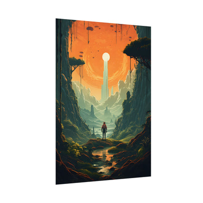 Futuristic Wilderness Explorer: Solo Discovery in Sci-Fi Terrain - Poster
