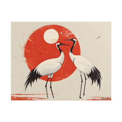 Serene Wildlife Sanctuary: Cranes in Red Nature Scene Art - Poster