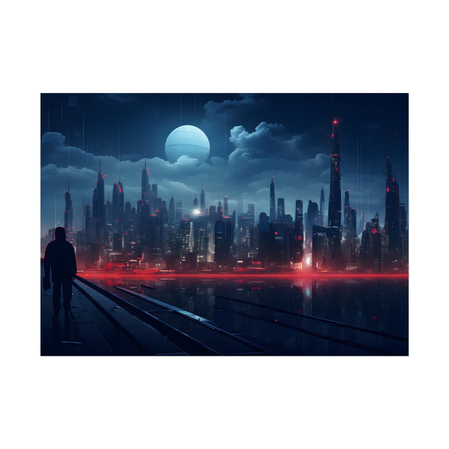 Melancholic Night: A Solo Figure in Cyberpunk Cityscape - Poster