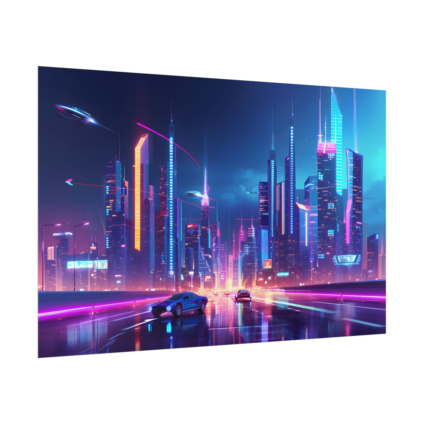 Futuristic City Glow: Neon Lights Digital Art - Poster