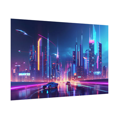 Futuristic City Glow: Neon Lights Digital Art - Poster