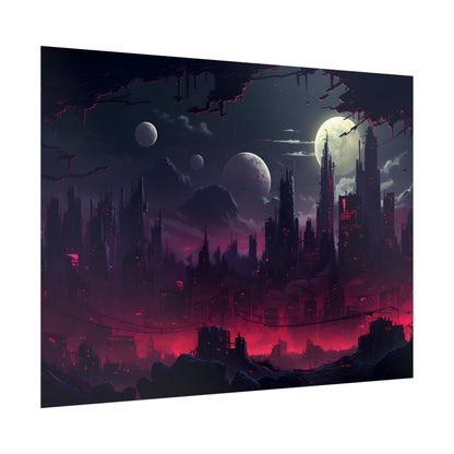 Burning Cyberpunk Cityscape at Night: Digital Art - Poster