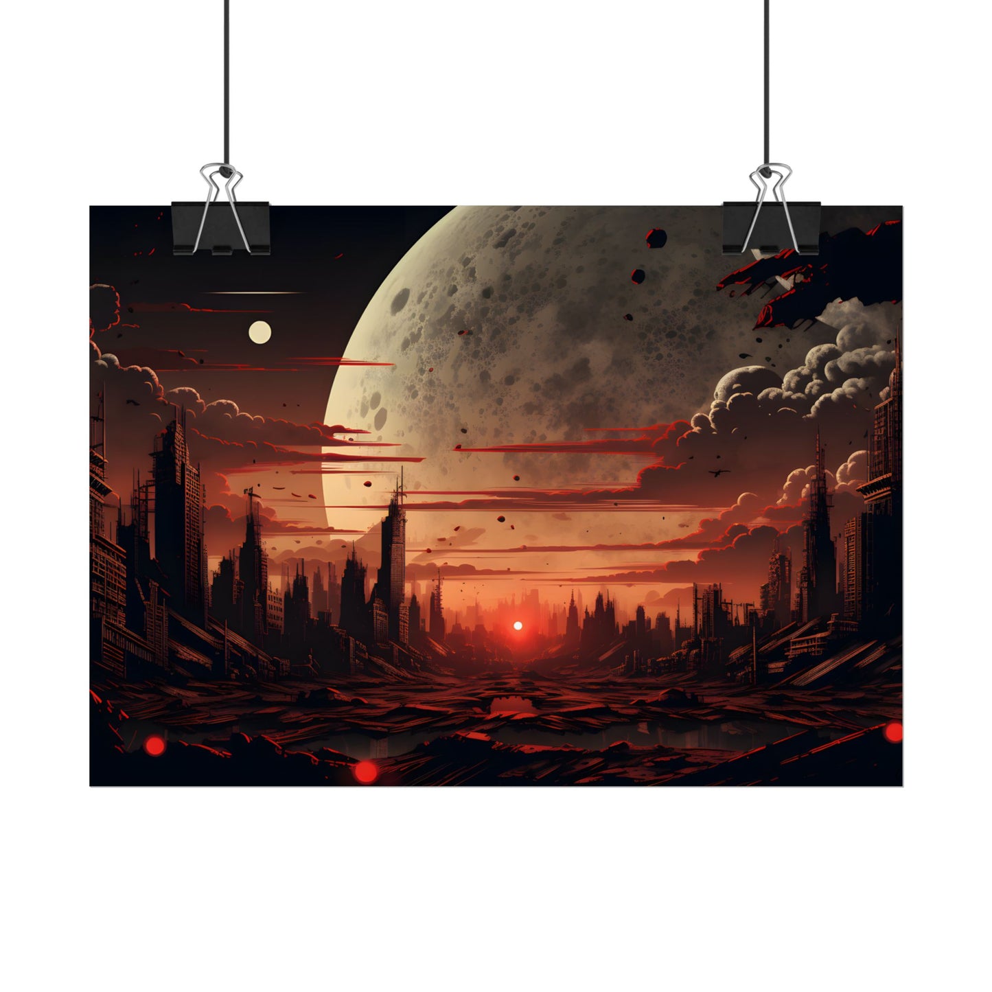 Landscape at Night: Burning Cyberpunk Neon Lights - Poster