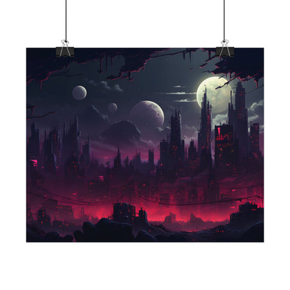 Burning Cyberpunk Cityscape at Night: Digital Art - Poster