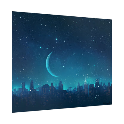 Starry Night Sky: Tranquil Dark Blue Scene with Crescent Moon - Poster