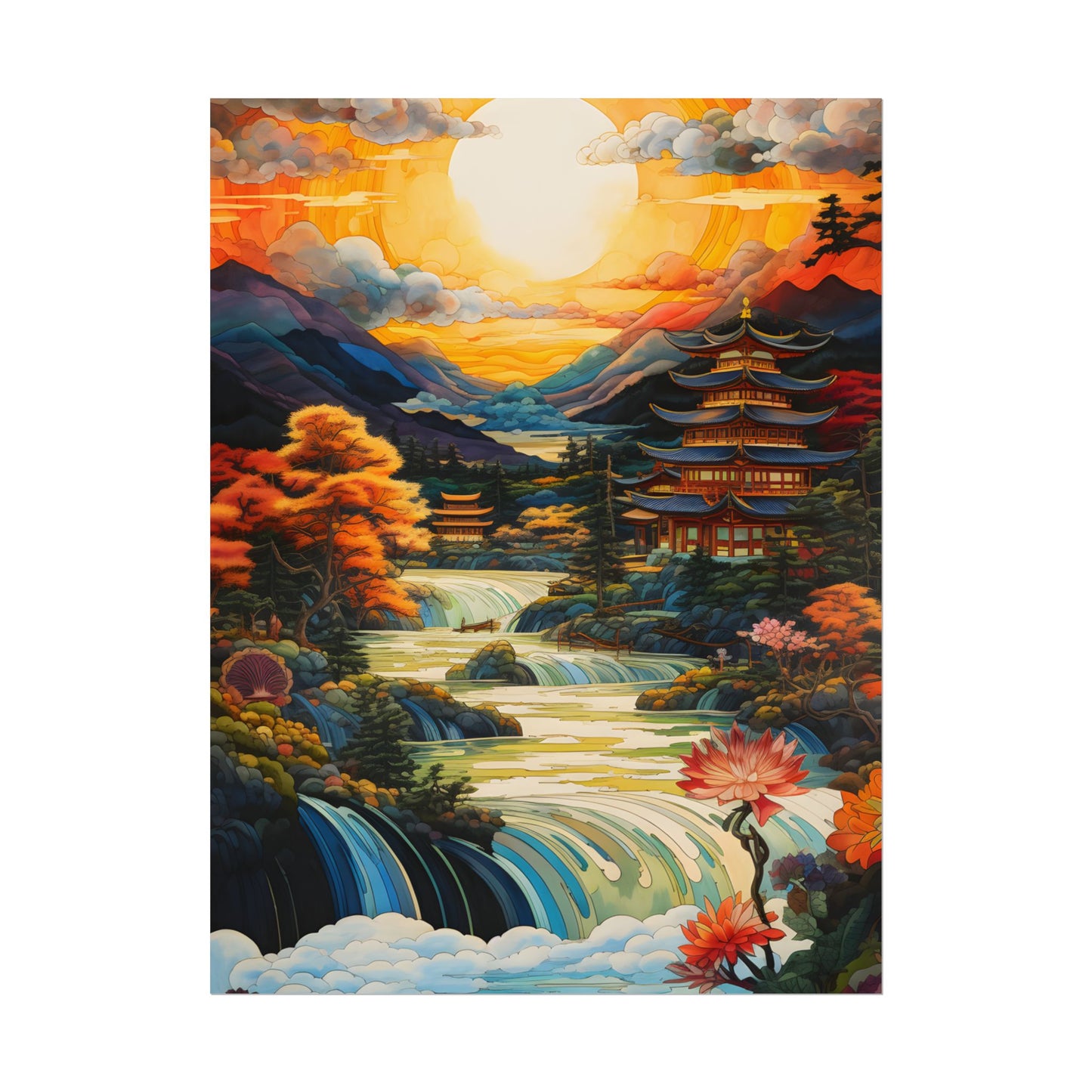 Peaceful Japanese River Landscape with Flowers: Serene Artwork - Poster