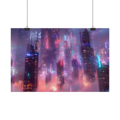 Neon Futuristic Cityscape: Graphic Modern Art - Poster