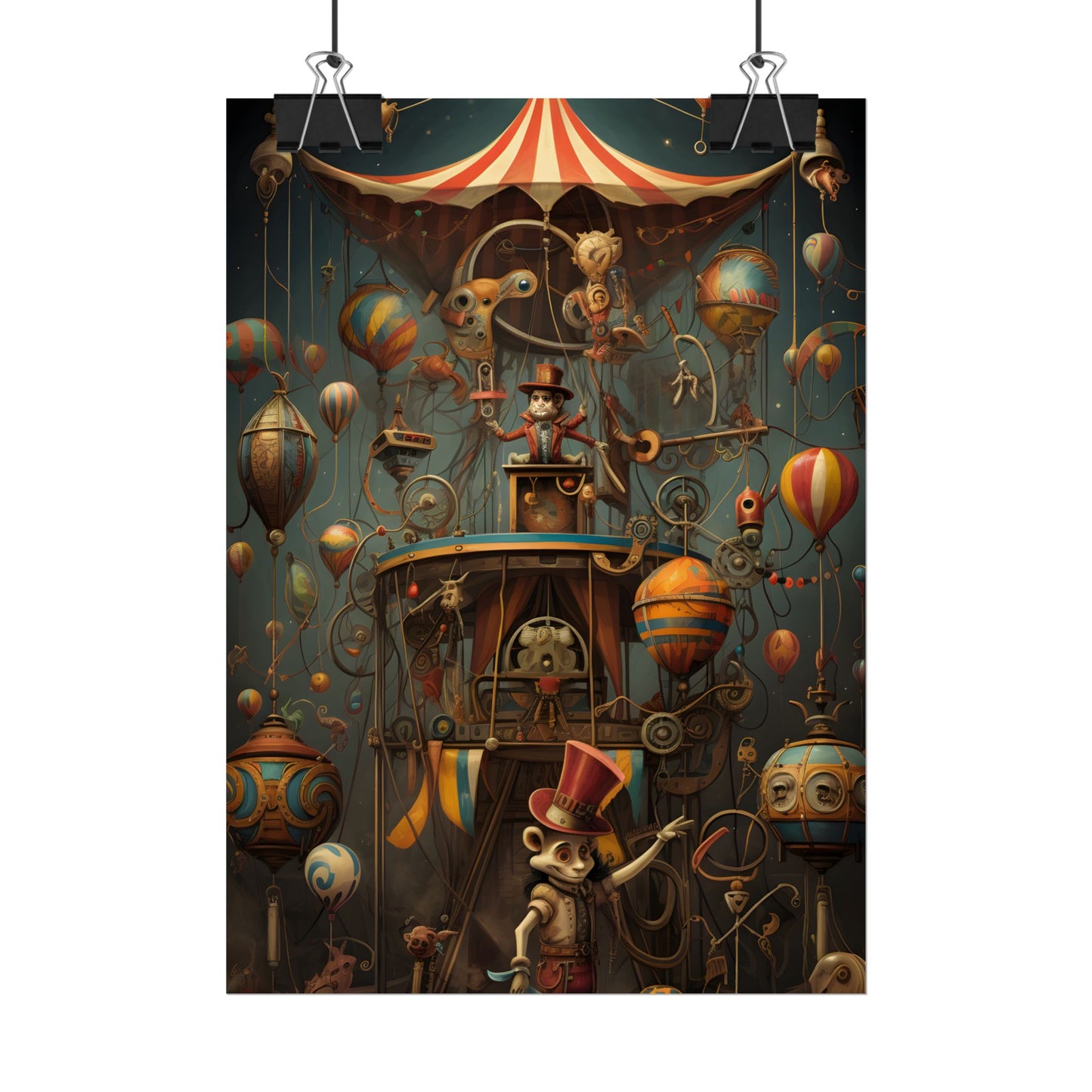 Whimsical Clockwork Circus: Fantastical Wooden Horse in Steampunk Dreamscape - Poster