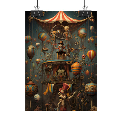 Whimsical Clockwork Circus: Fantastical Wooden Horse in Steampunk Dreamscape - Poster