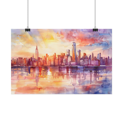 Watercolor Sunset New York City Skyline: Beautiful Artwork - Poster