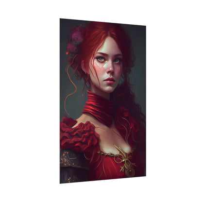 Vibrant Redhead Portrait: Female Artwork in Red Dress - Poster