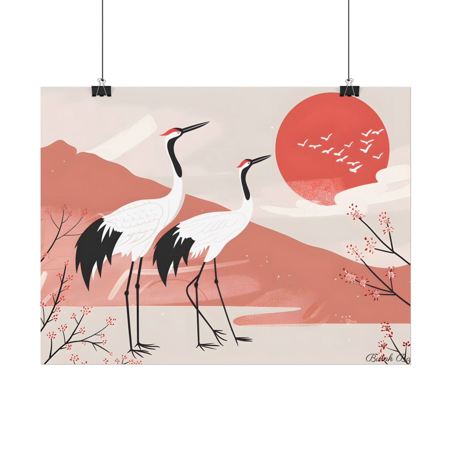 Serene Landscape with Cranes: Peaceful Nature Art - Poster