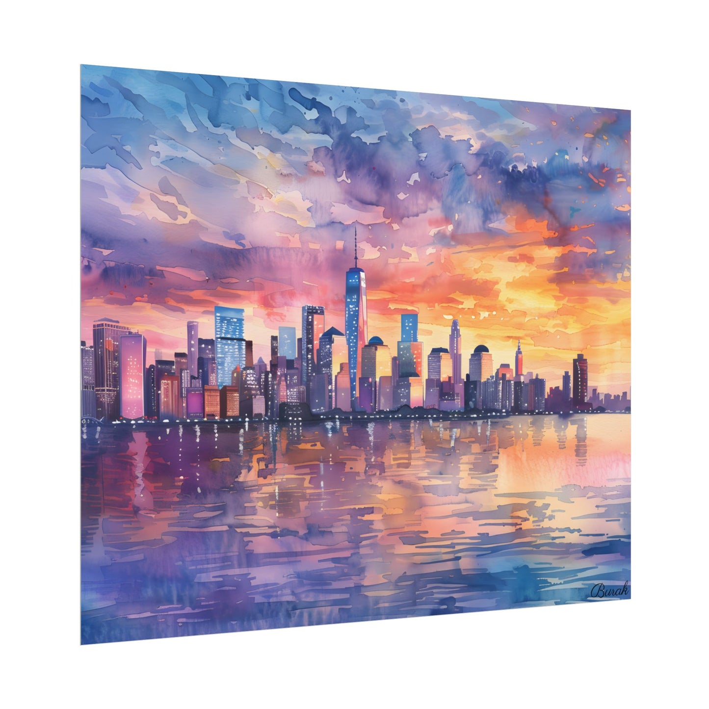 Serene NYC Sunset: Watercolor Skyline Reflections - Poster