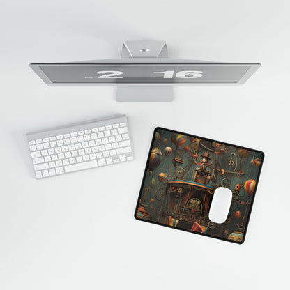 Whimsical Clockwork Circus: Fantastical Wooden Horse in Steampunk Dreamscape - Desk Mat