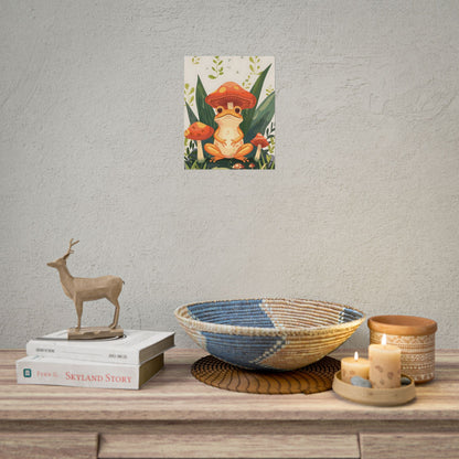 Retro Whimsy: Frog & Mushrooms in Close-Up Charm - Poster