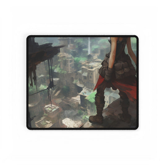Dramatic Anime Bird's Eye View: Red Haired Heroine in Flight - Desk Mat