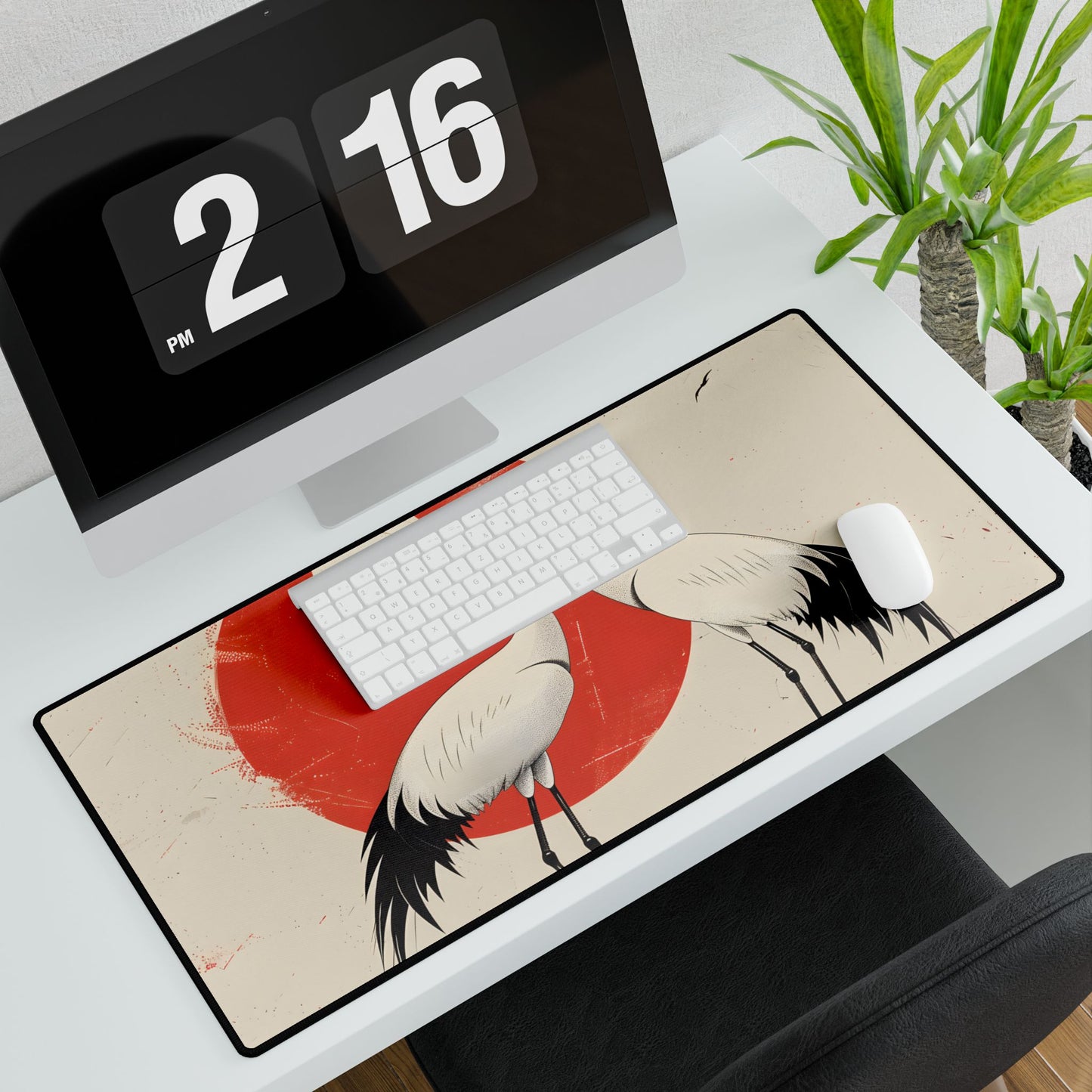 Serene Wildlife Sanctuary: Cranes in Red Nature Scene Art - Desk Mat