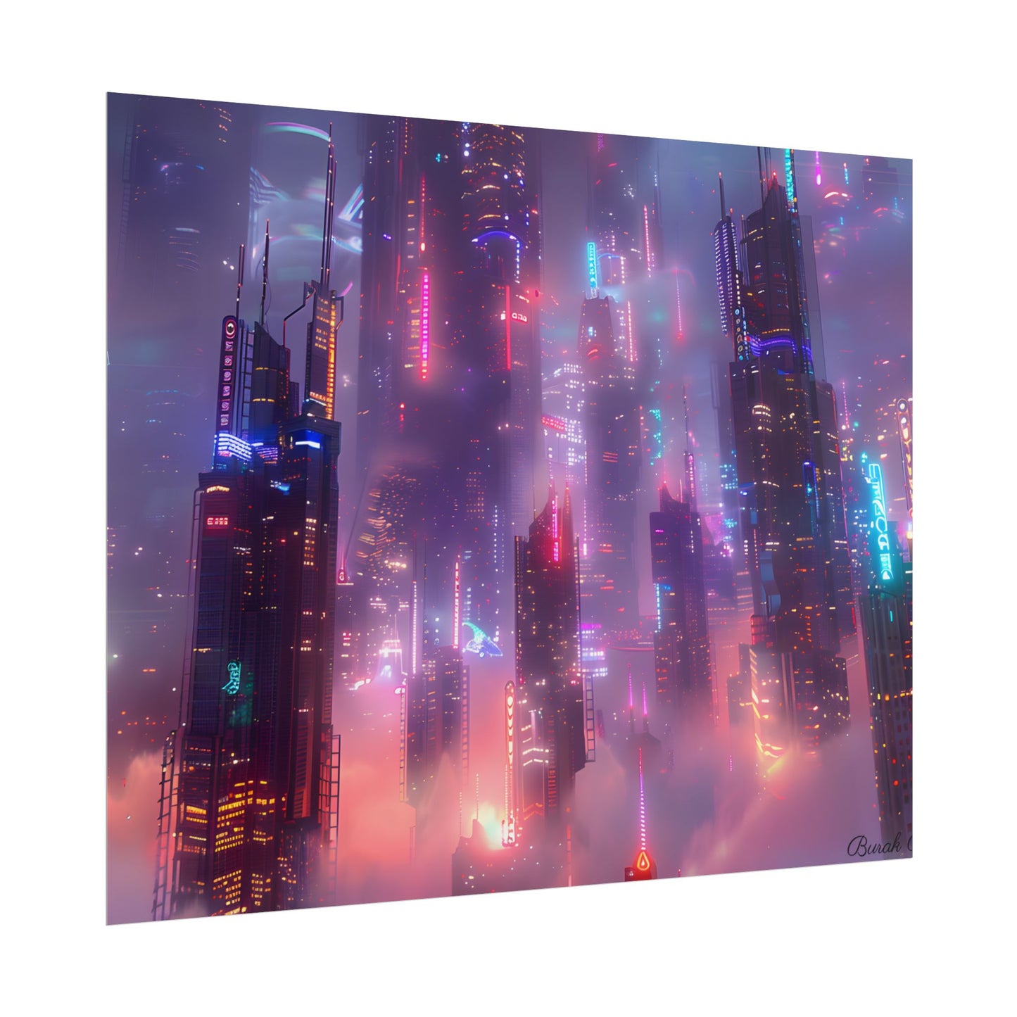 Neon Futuristic Cityscape: Graphic Modern Art - Poster