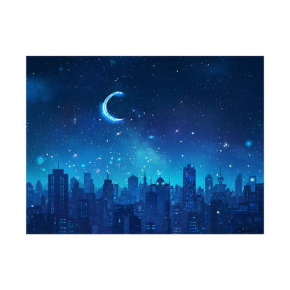 Peaceful Night Sky with Crescent Moon: Starry Digital Art - Poster