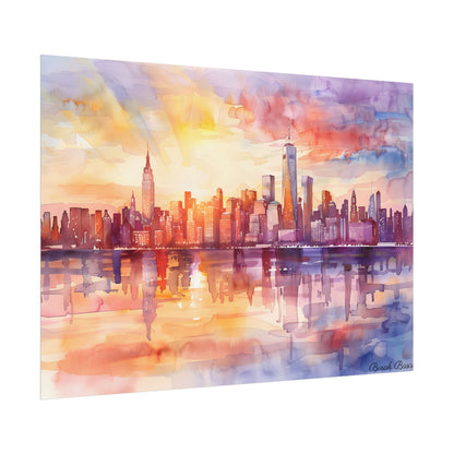 Watercolor Sunset New York City Skyline: Beautiful Artwork - Poster