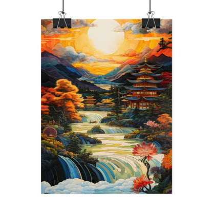 Peaceful Japanese River Landscape with Flowers: Serene Artwork - Poster